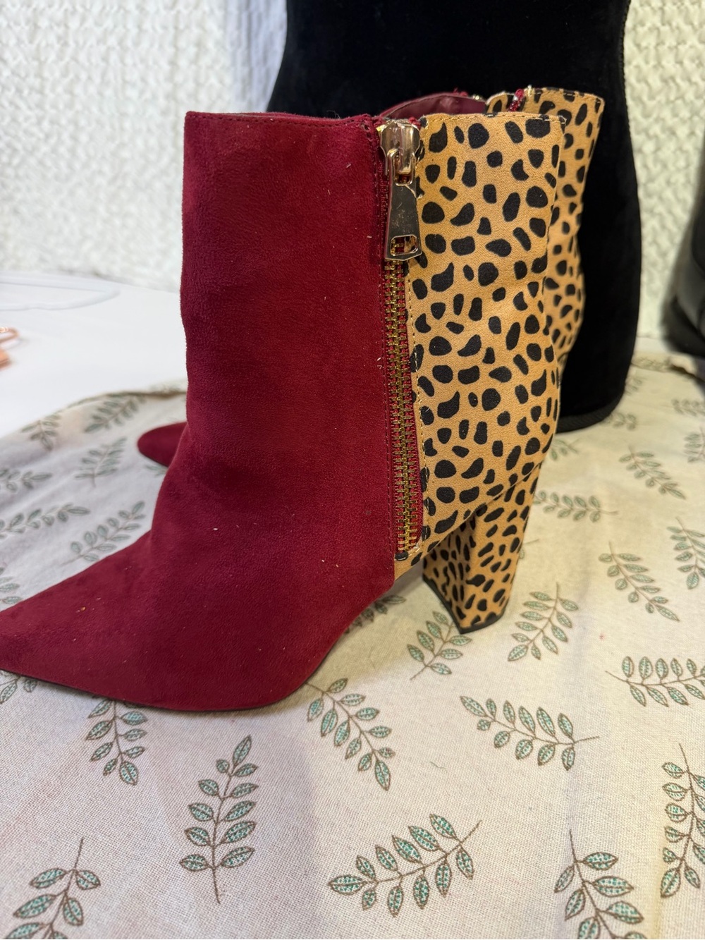 BAMBOO Burgundy Suede & Leopard Print Ankle Boots